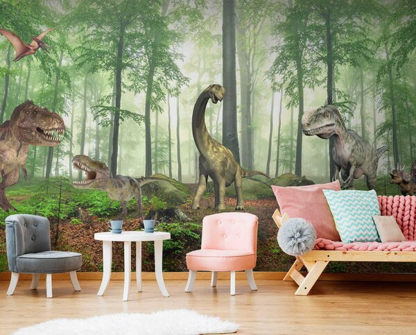 Carta da parati Gruppo di dinosauri in una foresta, Carta da parati per Bambini, Carta da parati popolare, u60039 - Tapeko.it