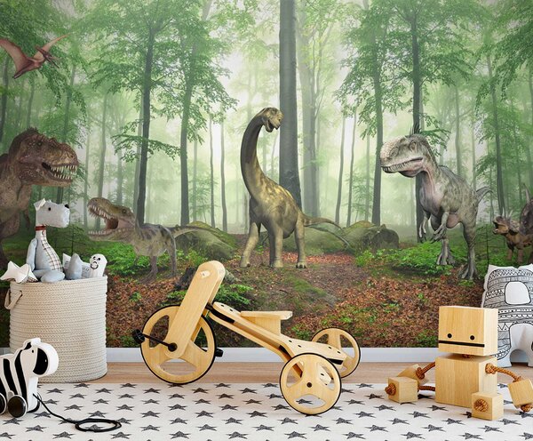 Carta da parati Gruppo di dinosauri in una foresta, Carta da parati per Bambini, Carta da parati popolare, u60039 - Tapeko.it