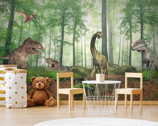 Carta da parati Gruppo di dinosauri in una foresta, Carta da parati per Bambini, Carta da parati popolare, u60039 - Tapeko.it