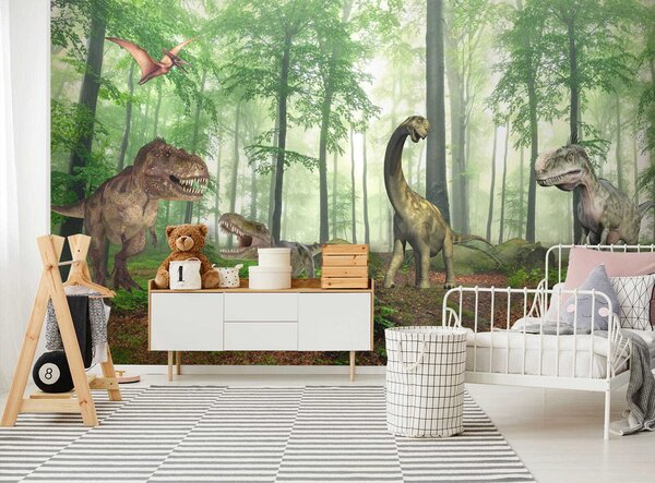 Carta da parati Gruppo di dinosauri in una foresta, Carta da parati per Bambini, Carta da parati popolare, u60039 - Tapeko.it