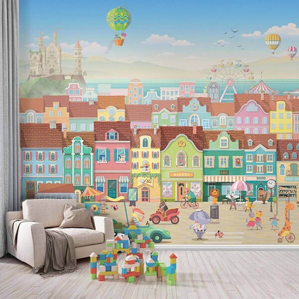 Carta da parati Città dei cartoni animati con molti edifici e una ruota panoramica, Carta da parati per Bambini, Carta da parati popolare, u60021 - Tapeko.it