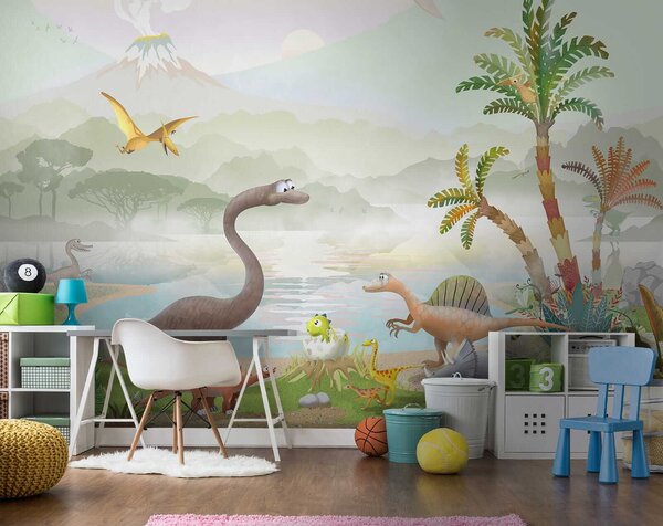 Carta da parati Gruppo di dinosauri vicino a un lago, Carta da parati per Bambini, Carta da parati popolare, u60040 - Tapeko.it
