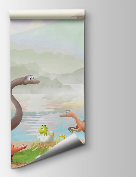 Carta da parati Gruppo di dinosauri vicino a un lago, Carta da parati per Bambini, Carta da parati popolare, u60040 - Tapeko.it