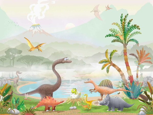 Carta da parati Gruppo di dinosauri vicino a un lago, Carta da parati per Bambini, Carta da parati popolare, u60040 - Tapeko.it