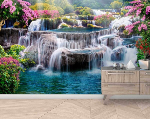 Carta da parati Cascata con fiori e alberi, Carta da parati design, Carta da parati popolare, u60065 - Tapeko.it