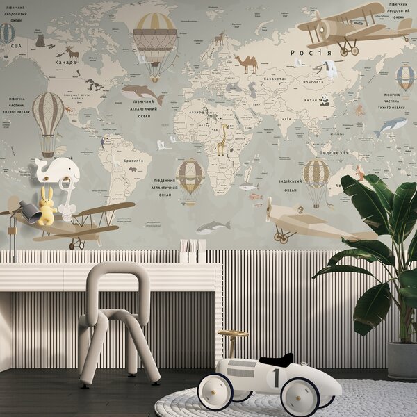 Carta da parati Mappa del mondo con aerei e animali, Carta da parati per Bambini, Carta da parati popolare, u60128 - Tapeko.it