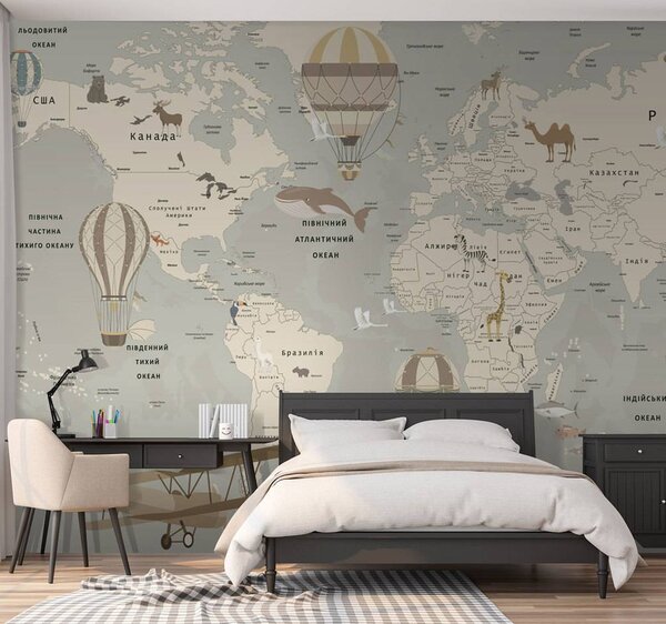 Carta da parati Mappa del mondo con aerei e animali, Carta da parati per Bambini, Carta da parati popolare, u60128 - Tapeko.it