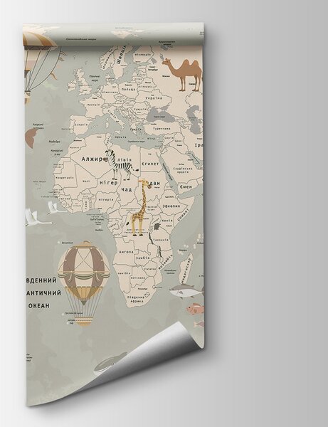 Carta da parati Mappa del mondo con aerei e animali, Carta da parati per Bambini, Carta da parati popolare, u60128 - Tapeko.it