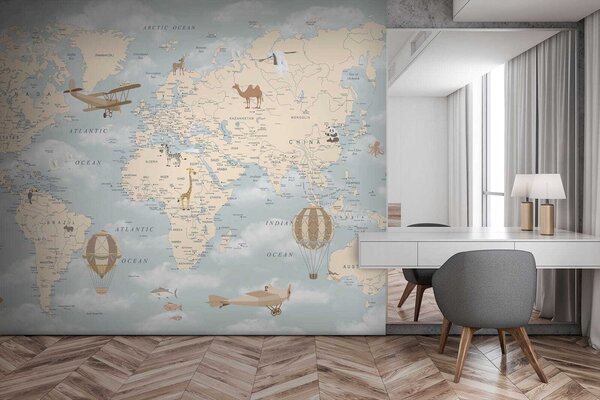 Carta da parati Mappa del mondo con diversi animali e uccelli, Carta da parati mappe del mondo, Carta da parati popolare, u60135 - Tapeko.it