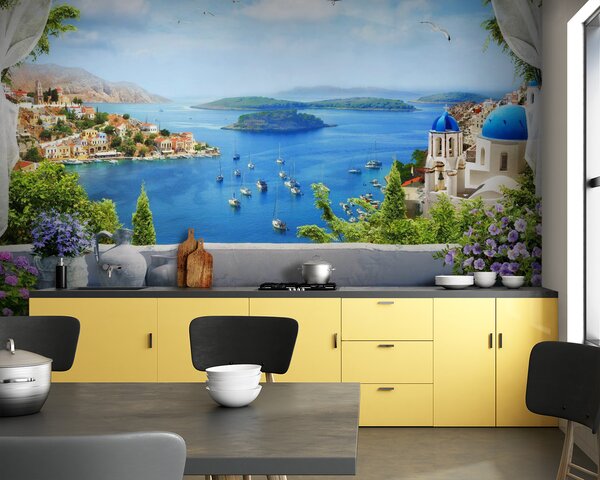 Carta da parati Vista di una città e dell'acqua da un balcone, Carta da parati Mare, Carta da parati popolare, u60161 - Tapeko.it