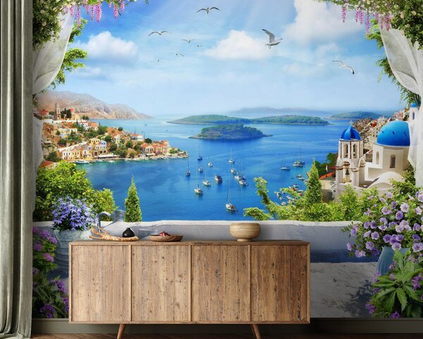 Carta da parati Vista di una città e dell'acqua da un balcone, Carta da parati Mare, Carta da parati popolare, u60161 - Tapeko.it