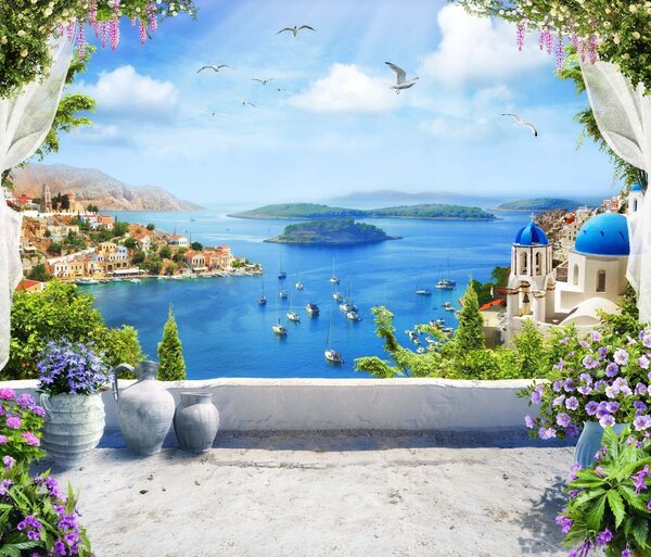 Carta da parati Vista di una città e dell'acqua da un balcone, Carta da parati Mare, Carta da parati popolare, u60161 - Tapeko.it