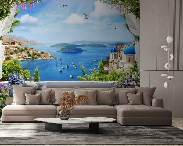 Carta da parati Vista di una città e dell'acqua da un balcone, Carta da parati Mare, Carta da parati popolare, u60161 - Tapeko.it