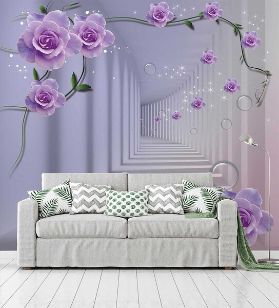 Carta da parati Carta da parati con rose viola e una scala, Carta da parati 3d, Carta da parati popolare, u60194 - Tapeko.it