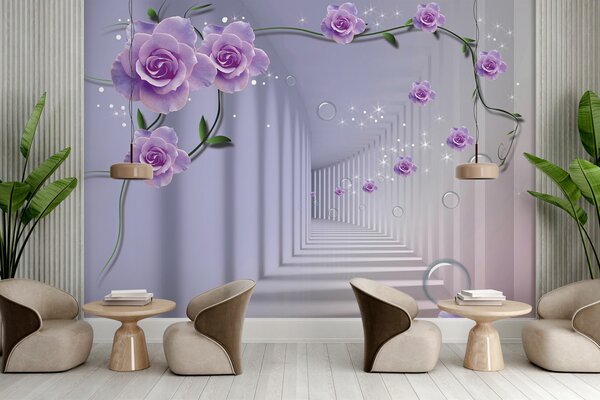 Carta da parati Carta da parati con rose viola e una scala, Carta da parati 3d, Carta da parati popolare, u60194 - Tapeko.it