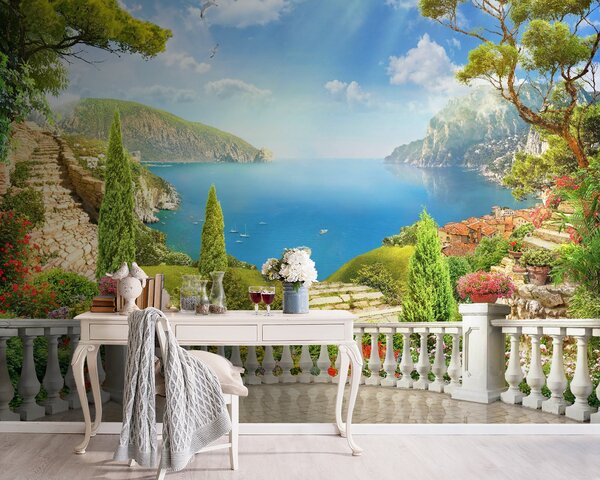 Carta da parati Balcone con vista su lago e alberi, Carta da parati Montagne, Carta da parati popolare, u60261 - Tapeko.it