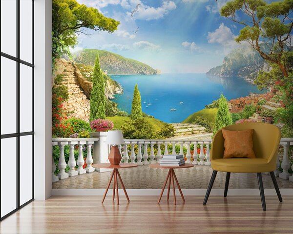 Carta da parati Balcone con vista su lago e alberi, Carta da parati Montagne, Carta da parati popolare, u60261 - Tapeko.it