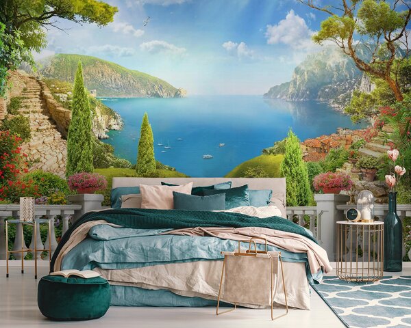 Carta da parati Balcone con vista su lago e alberi, Carta da parati Montagne, Carta da parati popolare, u60261 - Tapeko.it