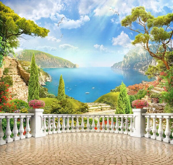 Carta da parati Balcone con vista su lago e alberi, Carta da parati Montagne, Carta da parati popolare, u60261 - Tapeko.it