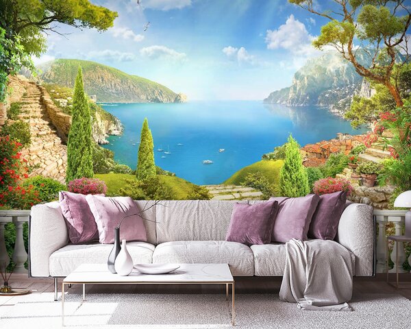 Carta da parati Balcone con vista su lago e alberi, Carta da parati Montagne, Carta da parati popolare, u60261 - Tapeko.it