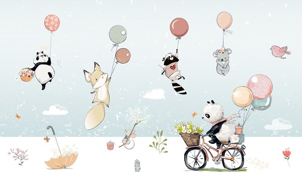 Carta da parati Cartone animato di animali in bicicletta, Carta da parati per Bambini, Carta da parati popolare, u62013 - Tapeko.it