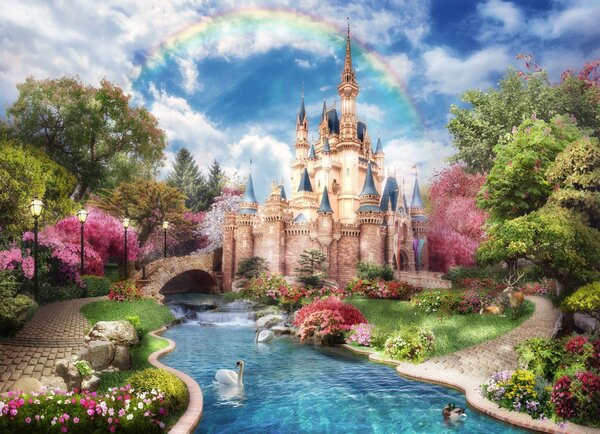 Carta da parati Castello con laghetto e arcobaleno, Carta da parati per Bambini, Carta da parati popolare, u61850 - Tapeko.it