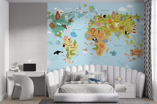 Carta da parati Mappa del mondo con animali, Carta da parati per Bambini, Carta da parati popolare, u62047 - Tapeko.it