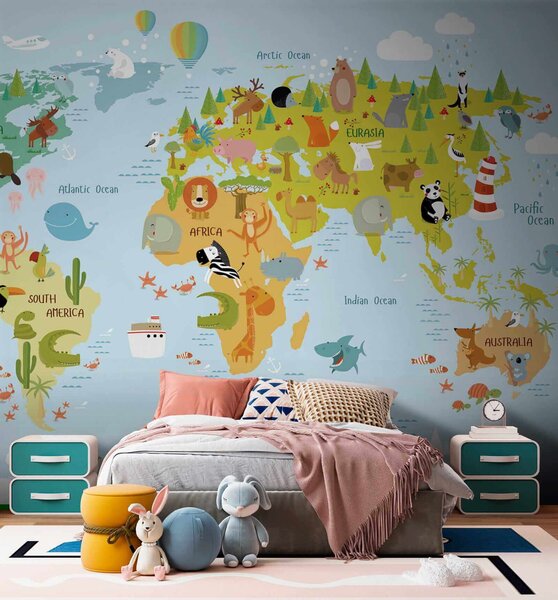 Carta da parati Mappa del mondo con animali, Carta da parati per Bambini, Carta da parati popolare, u62047 - Tapeko.it