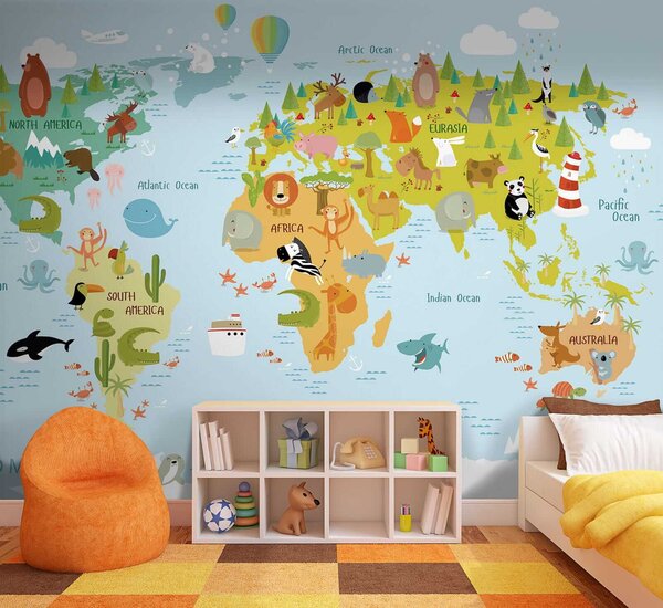 Carta da parati Mappa del mondo con animali, Carta da parati per Bambini, Carta da parati popolare, u62047 - Tapeko.it