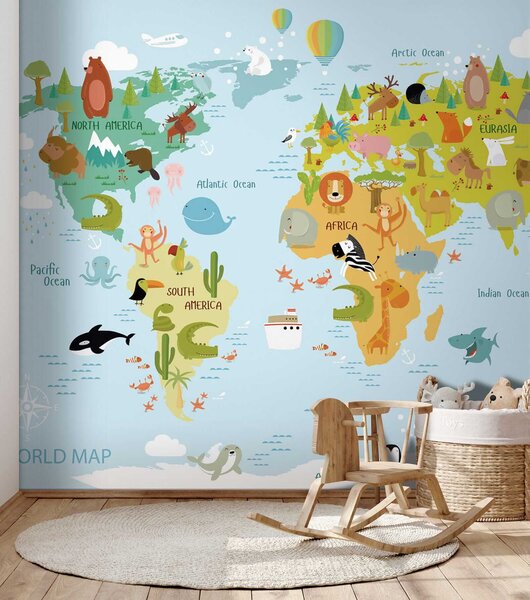 Carta da parati Mappa del mondo con animali, Carta da parati per Bambini, Carta da parati popolare, u62047 - Tapeko.it