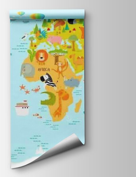 Carta da parati Mappa del mondo con animali, Carta da parati per Bambini, Carta da parati popolare, u62047 - Tapeko.it