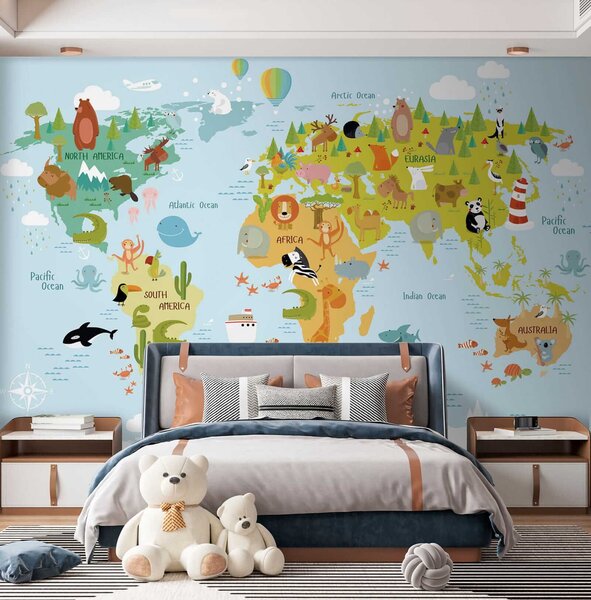 Carta da parati Mappa del mondo con animali, Carta da parati per Bambini, Carta da parati popolare, u62047 - Tapeko.it