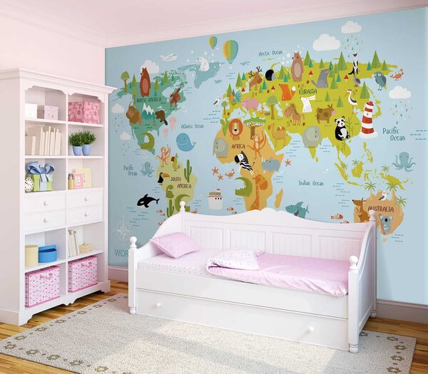 Carta da parati Mappa del mondo con animali, Carta da parati per Bambini, Carta da parati popolare, u62047 - Tapeko.it