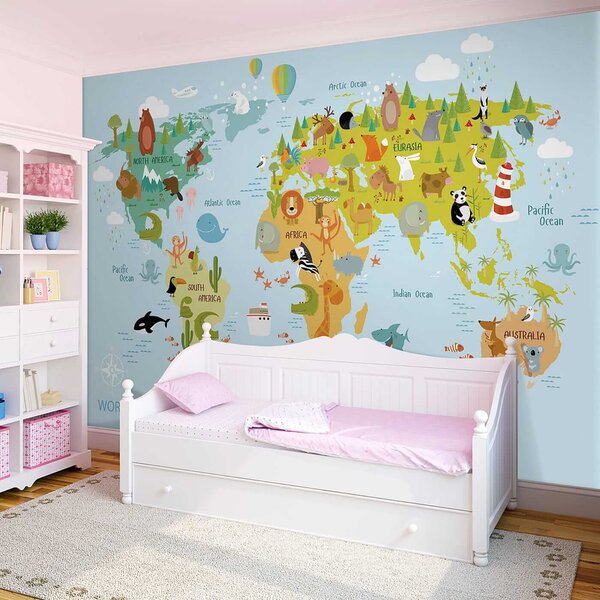 Carta da parati Mappa del mondo con animali, Carta da parati per Bambini, Carta da parati popolare, u62047 - Tapeko.it