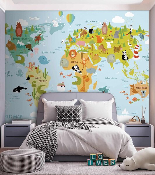 Carta da parati Mappa del mondo con animali, Carta da parati per Bambini, Carta da parati popolare, u62047 - Tapeko.it