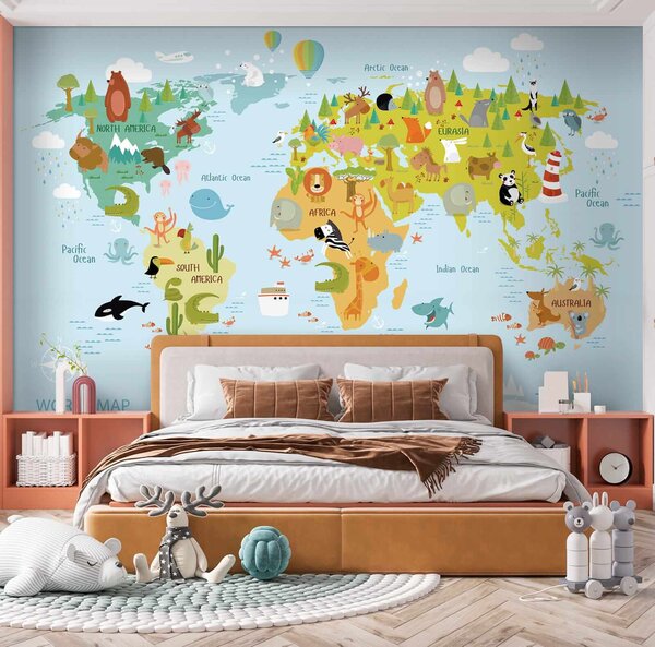 Carta da parati Mappa del mondo con animali, Carta da parati per Bambini, Carta da parati popolare, u62047 - Tapeko.it