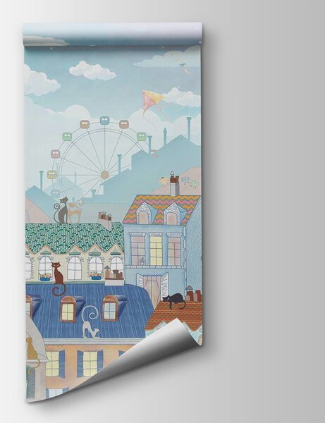 Carta da parati Città dei cartoni animati con molti edifici e mongolfiere, Carta da parati per Bambini, Carta da parati popolare, u62119 - Tapeko.it