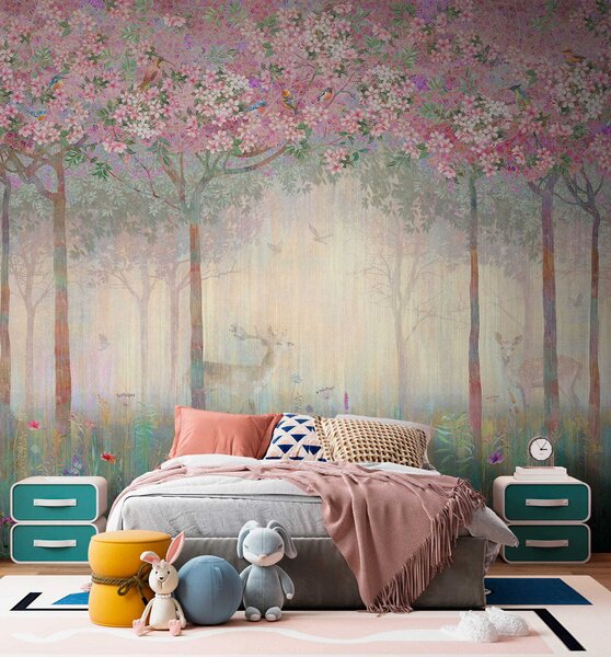 Carta da parati Pittura di una foresta con alberi e fiori, Carta da parati per Bambini, Carta da parati popolare, u62100 - Tapeko.it