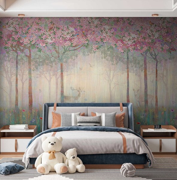 Carta da parati Pittura di una foresta con alberi e fiori, Carta da parati per Bambini, Carta da parati popolare, u62100 - Tapeko.it