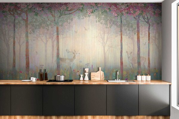 Carta da parati Pittura di una foresta con alberi e fiori, Carta da parati per Bambini, Carta da parati popolare, u62100 - Tapeko.it