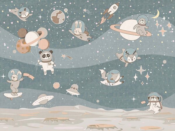 Carta da parati Scena spaziale a cartoni animati con pianeti e stelle, Carta da parati per Ragazzo, Carta da parati popolare, u62416 - Tapeko.it