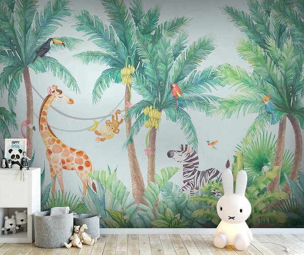 Carta da parati Giraffa e zebra nella giungla, Carta da parati per Bambini, Carta da parati popolare, u62123 - Tapeko.it