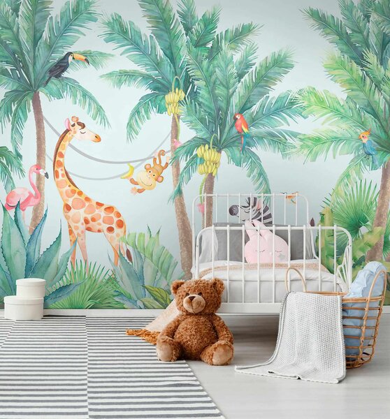 Carta da parati Giraffa e zebra nella giungla, Carta da parati per Bambini, Carta da parati popolare, u62123 - Tapeko.it