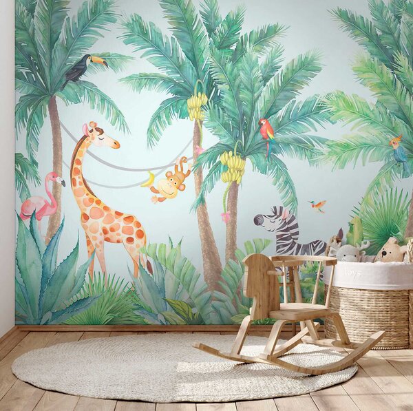 Carta da parati Giraffa e zebra nella giungla, Carta da parati per Bambini, Carta da parati popolare, u62123 - Tapeko.it