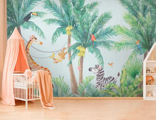 Carta da parati Giraffa e zebra nella giungla, Carta da parati per Bambini, Carta da parati popolare, u62123 - Tapeko.it