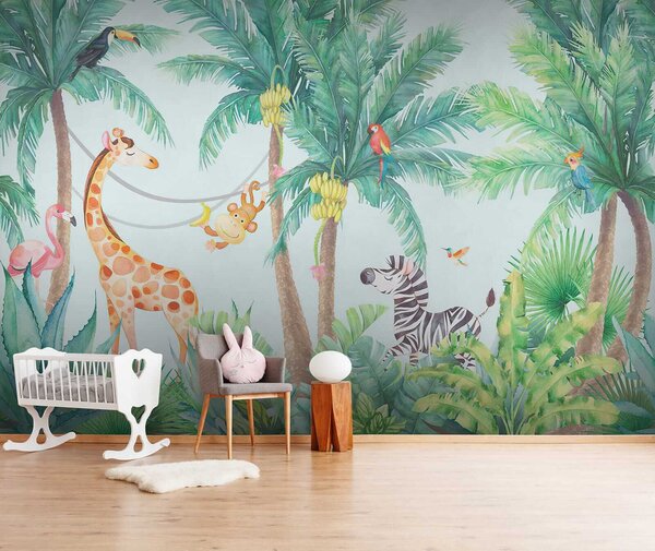 Carta da parati Giraffa e zebra nella giungla, Carta da parati per Bambini, Carta da parati popolare, u62123 - Tapeko.it