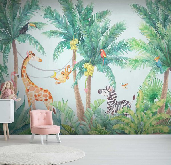 Carta da parati Giraffa e zebra nella giungla, Carta da parati per Bambini, Carta da parati popolare, u62123 - Tapeko.it