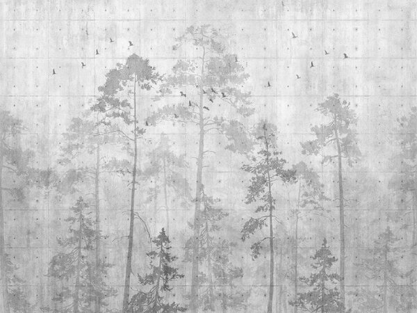 Carta da parati Parete grigia con alberi e uccelli, Carta da parati Foresta, Carta da parati popolare, u62714 - Tapeko.it