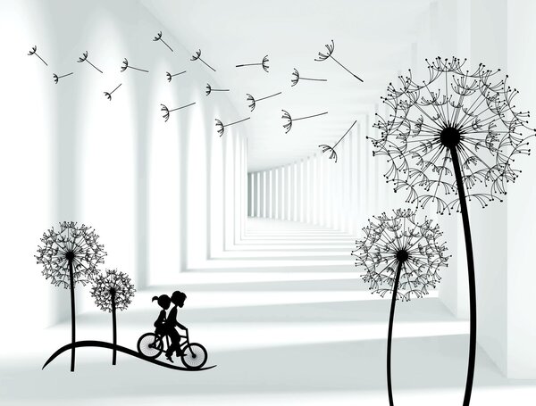 Carta da parati Ragazza in bicicletta in una stanza con denti di leone, Carta da parati 3d, Carta da parati popolare, u63551 - Tapeko.it