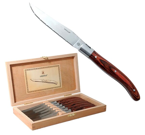 <p>Set di coltelli Laguiolle, Filo seghettato realizzati in acciaio inox con manico in pakkawood.</p>